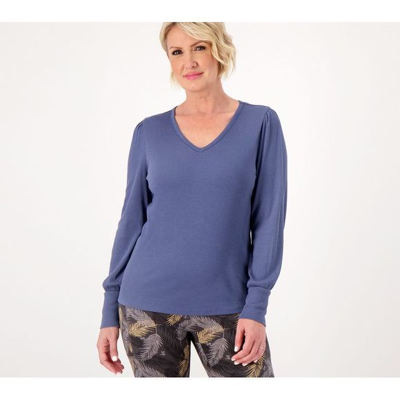 Anybody Tops - Anybody Women's Top Plus Sz 2X Cozy Knit Ribbed Waffle Puff Sleeve Blue A566692